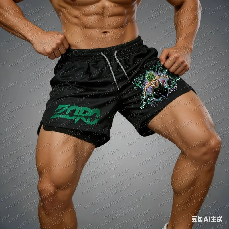 2026 One Piece Luffy Print Shorts Herren Sommer Schnelltrocknende Doppellagige 2-in-1 Hose Kleidung Cosplay Bequem und Atmungsaktiv