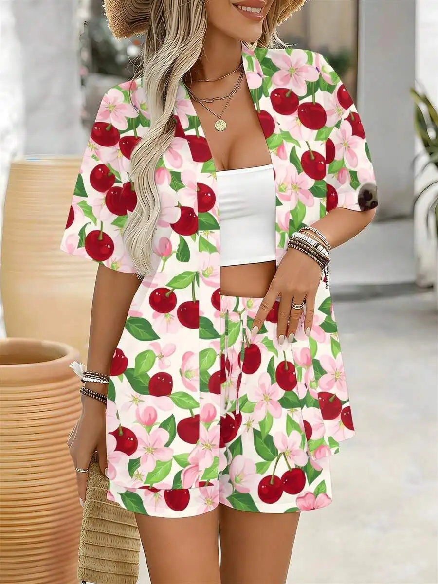

Floral Cherry Print Womens Cardigan And Shorts Set Summer Casual Outfit Soft Comfortable