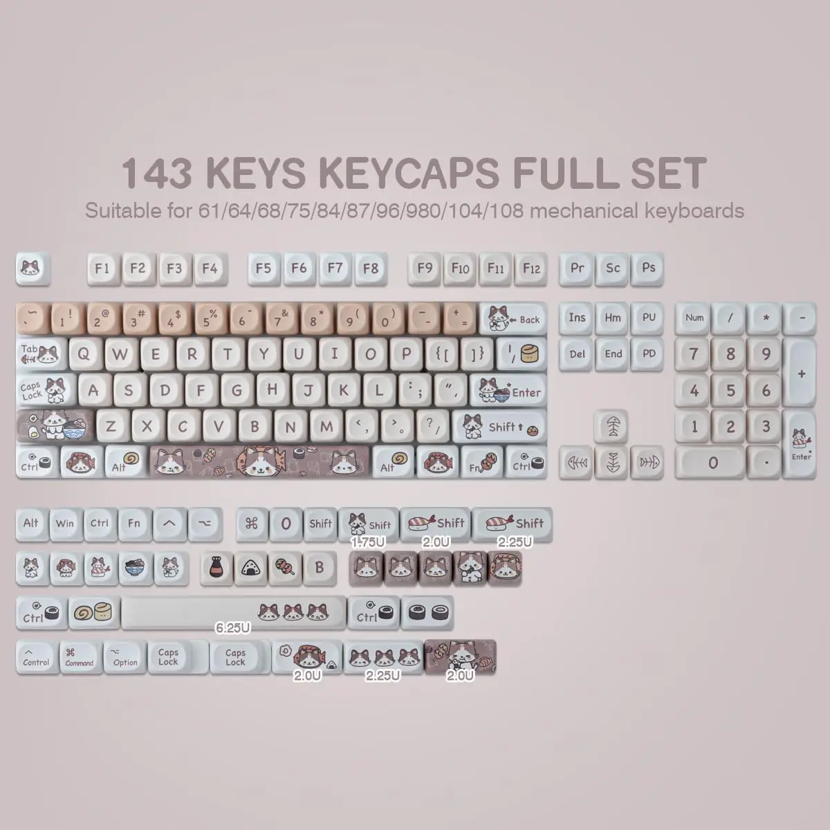 PBT Keycaps 143 Keys Cute Cat Keycaps Set MOA Profile Custom Keycaps for Cherry Gateron MX Swithes Mechanical Keyboards