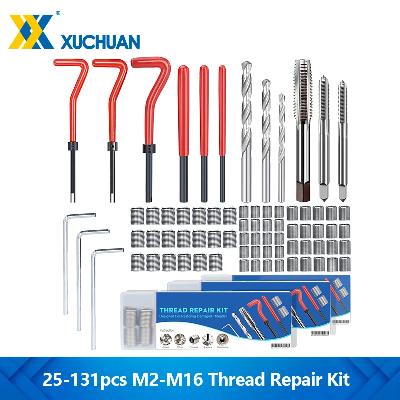 25-131pcs Thread Repair Tool Kit M3/M4/M5/M6/M7/M8/M10/M12/M14 for Restoring Damaged Thread Spanner Wrench Thread Repair Bit Kit