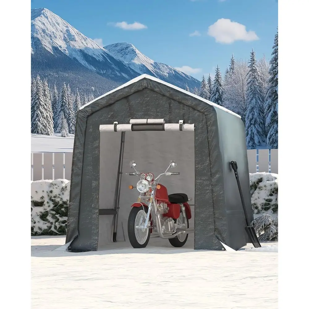

Серый уличный складской шатер 6'x8' с рулонными воротами, вентиляцией и прочным водонепроницаемым тентом из полиэтилена для мотоциклов и садового инвентаря