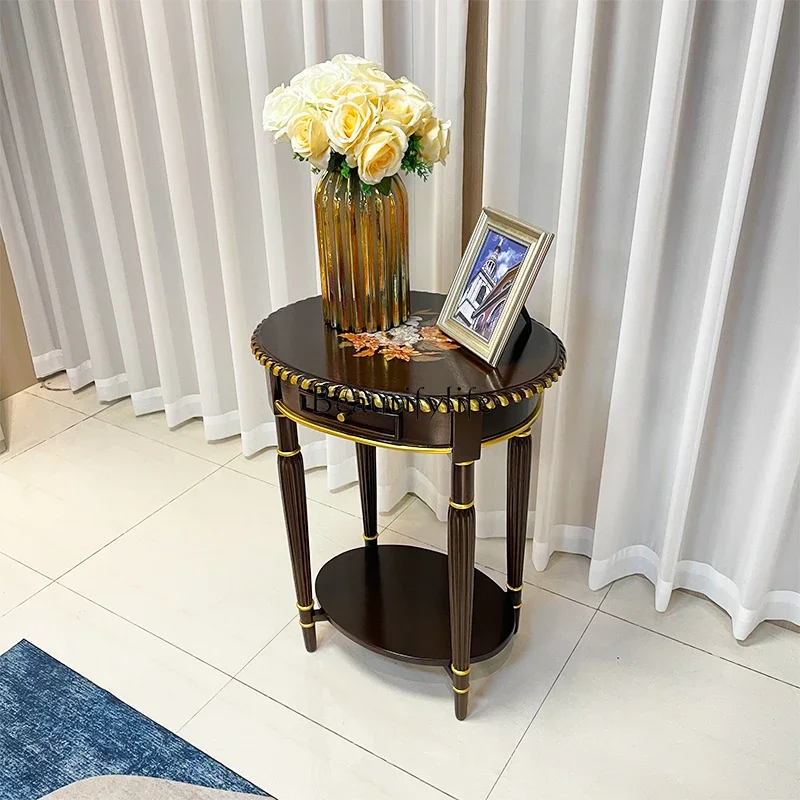 

0 American Style Solid Wood Vintage Painted Oval Side Table Sofa Corner Table Classical Living Room