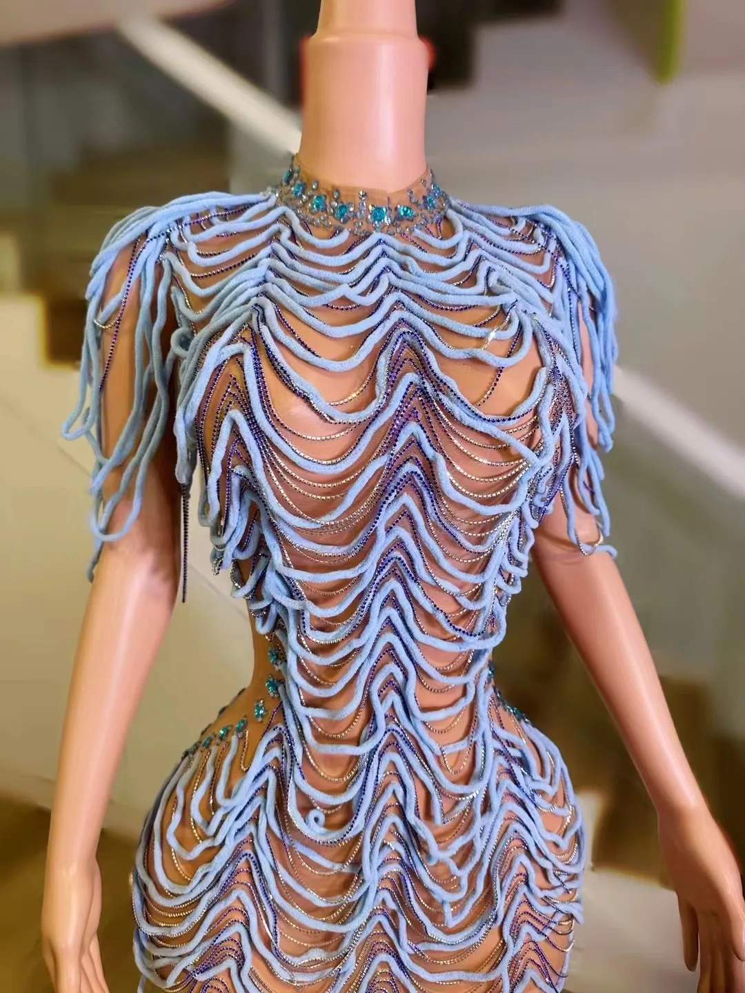 

New Design Short Dress2024 Women Sexy Mesh Transparent Rhinestones Stage Costume Nightclub Bar Party Performance Show Outfit
