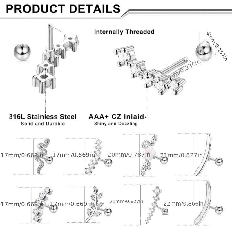 1Pc 16G Stainless Steel Screw Back Stud Earrings for Women Men, Fashion Cubic Zerconia Cartilage Conch Helix Ear Piercing Jewels image 4