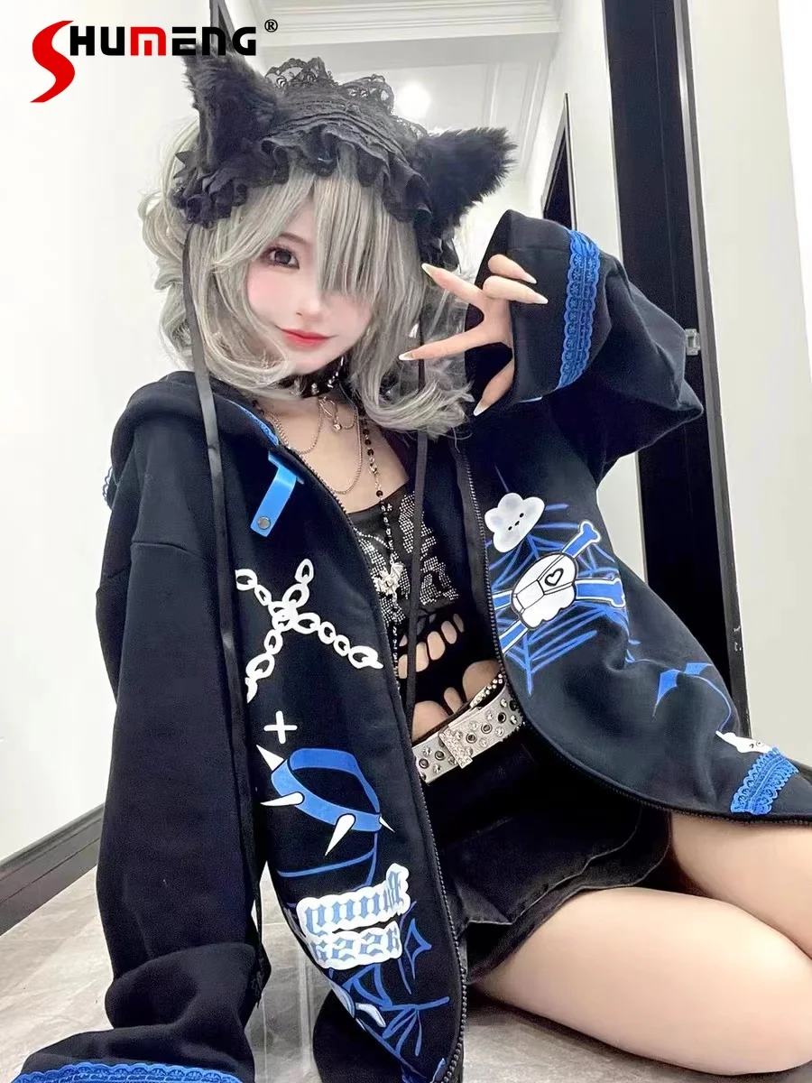 Japanese Harajuku Subculture Style Punk Y2k Print Anime Hoodie Rabbit Ear Hooded Loose Casual Sweatshirts Women Winter Jackets