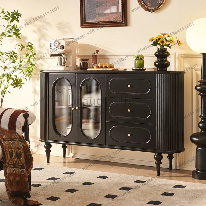 LS  Solid Wood Dining Side Cabinet, Living Room Retro Wind Roller Shutter Design Integrated Multi-functional Storage Cabinet