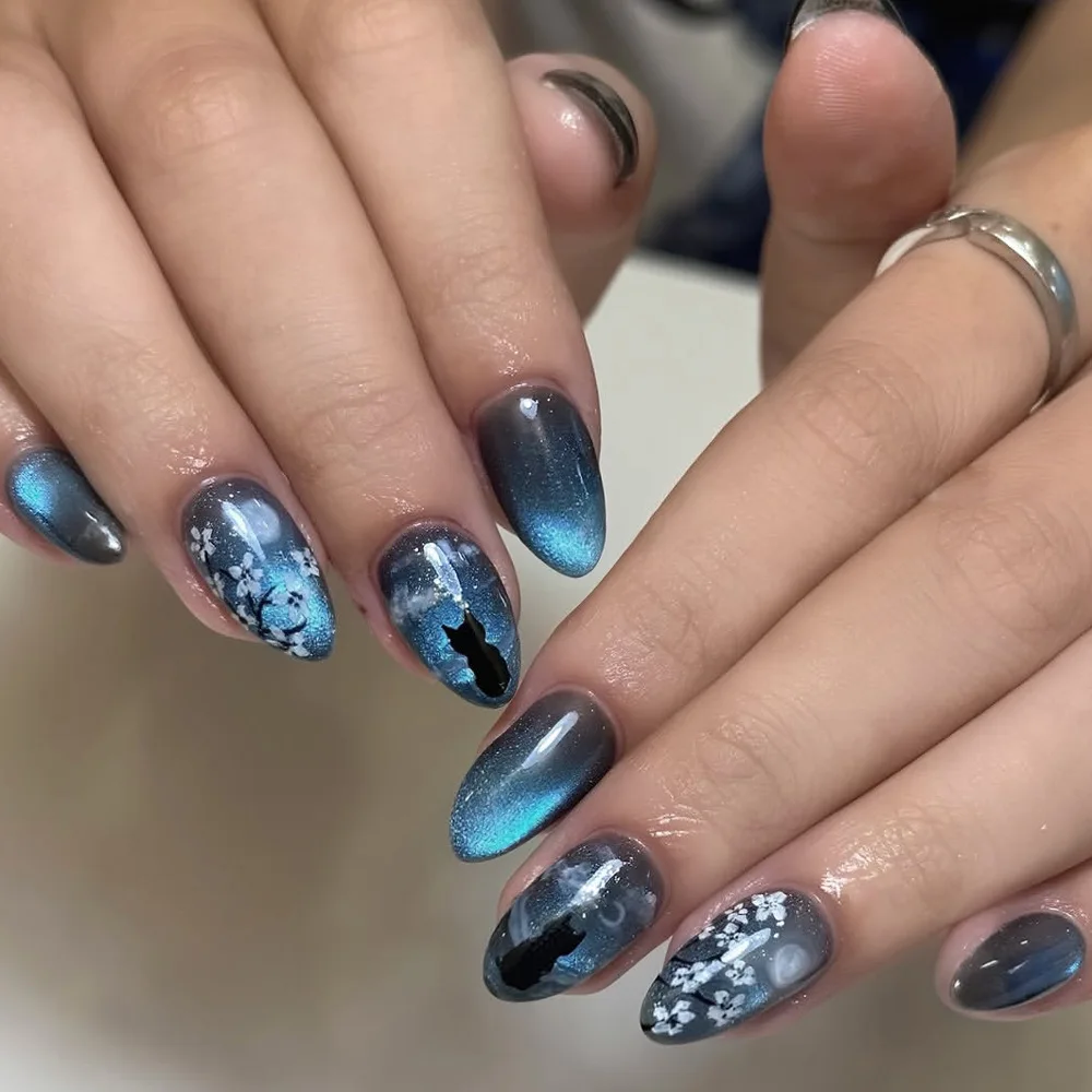 Blue Gradient Press on Nails Almond False Nails Cat Eye Cat Pattern Nail Art Fake Nails with Flowers Almond Nails Press on