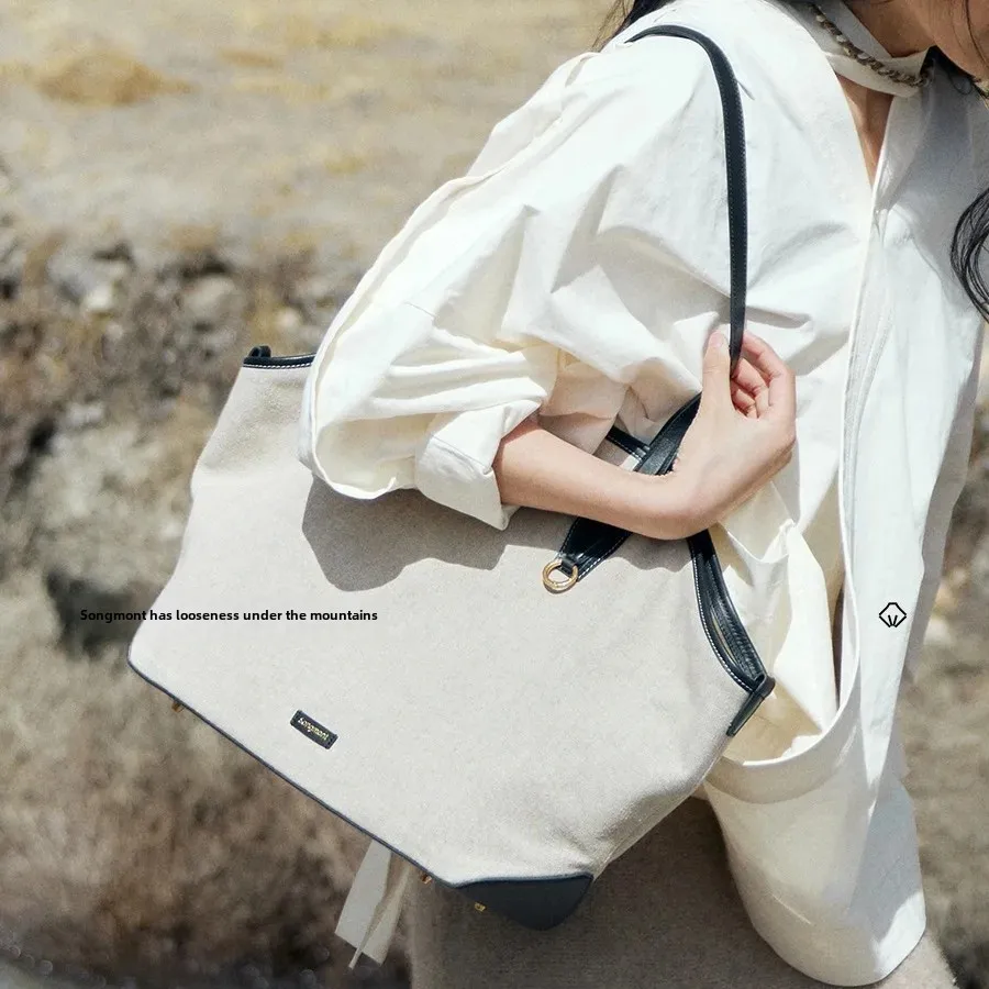 Songmont Mountain Vacation Series Large Capacity Tote Bag Casual Cotton Linen Material Single Shoulder Commuter Bag Underarm Bag