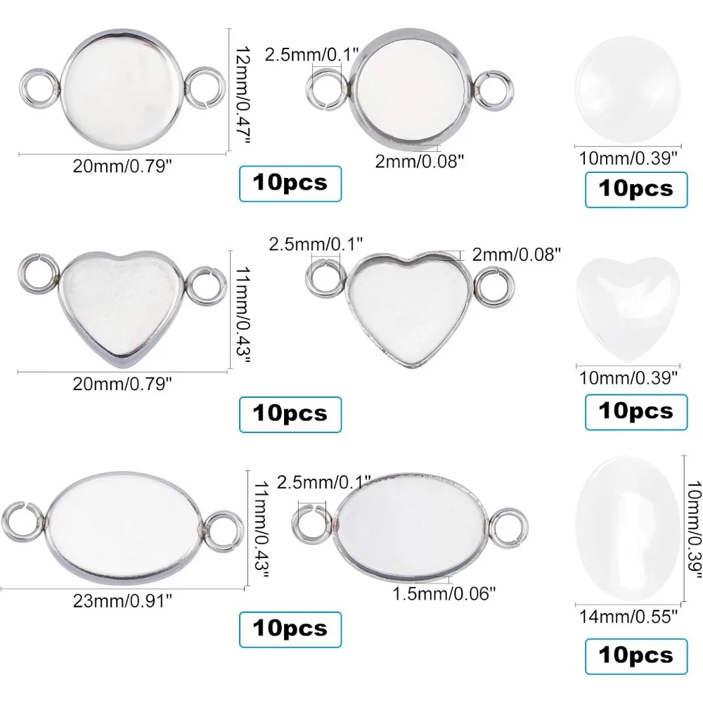 30 مجموعات البيضاوي/مسطحة مستديرة/القلب الحافة قلادة فارغة الفولاذ المقاوم للصدأ وصلات فارغة مع كبوشن كابوشون موصل إعداد قلادة