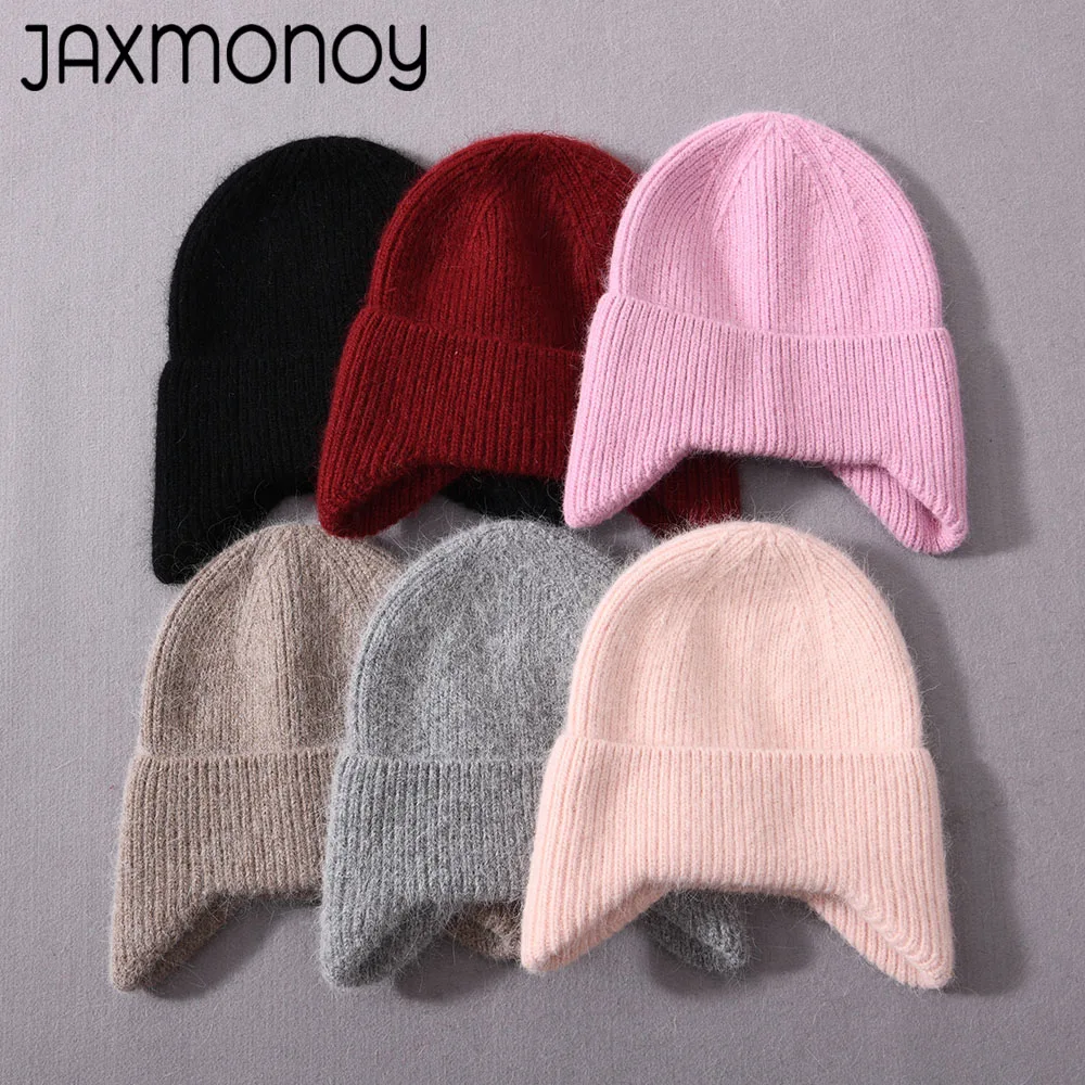 

Jxwatcher Beanie Hat With Earflaps Fashion Rabbit Fur Beanies Soft Warm Fluffy Winter Angora Knitted Hats Solid Color Skullies