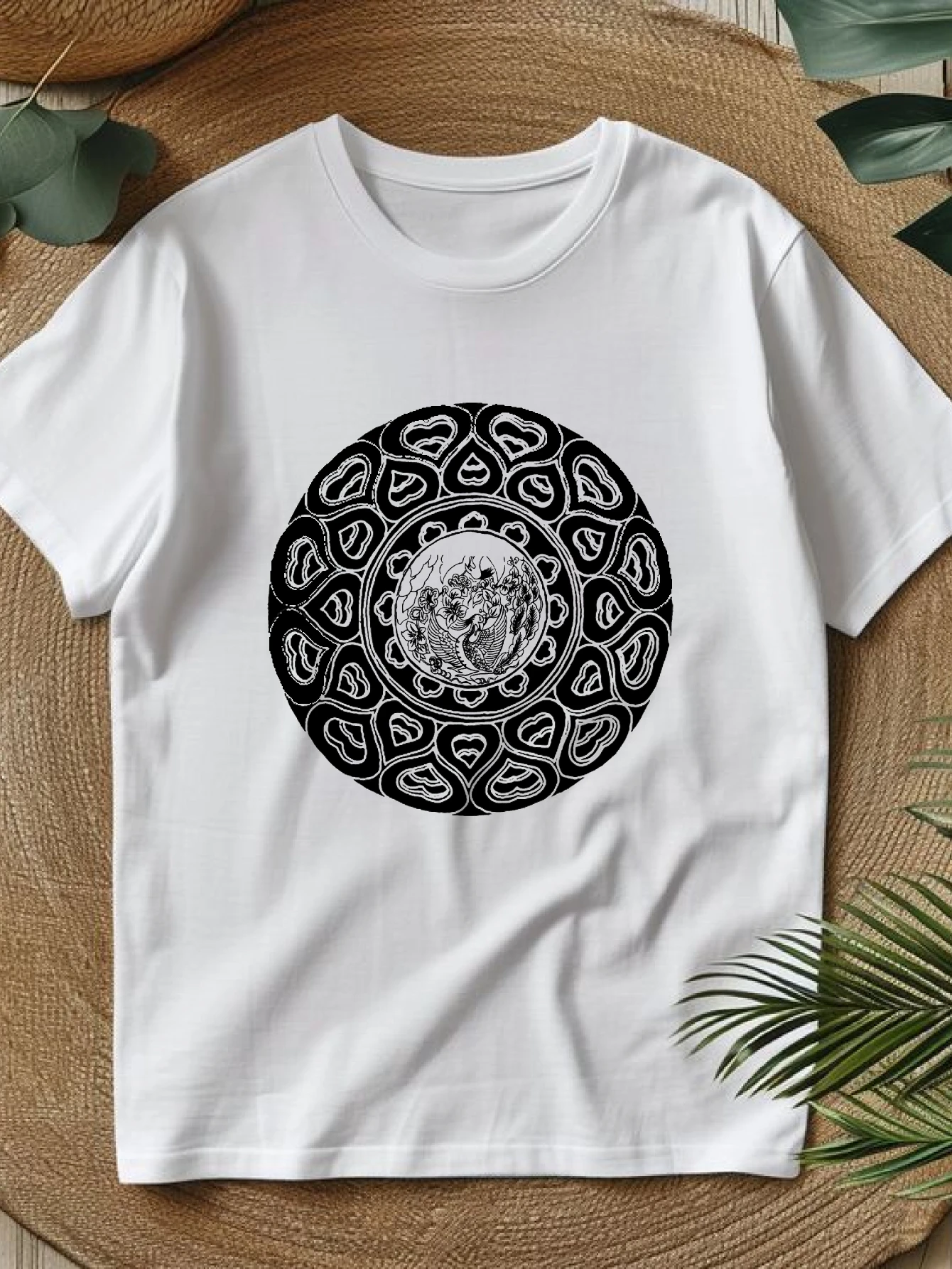 

Women's T-shirts Chinese style Hip-Hop style Casual Casual 100% cotton Circular Black And White printed tee style four season