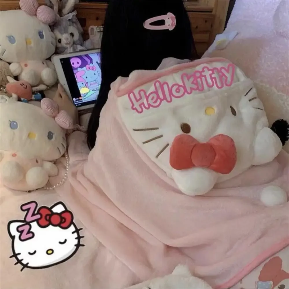 New Cute cartoon anime Hello Kitty hooded air conditioning blanket student dormitory office cape blanket home pajamas girl gifts