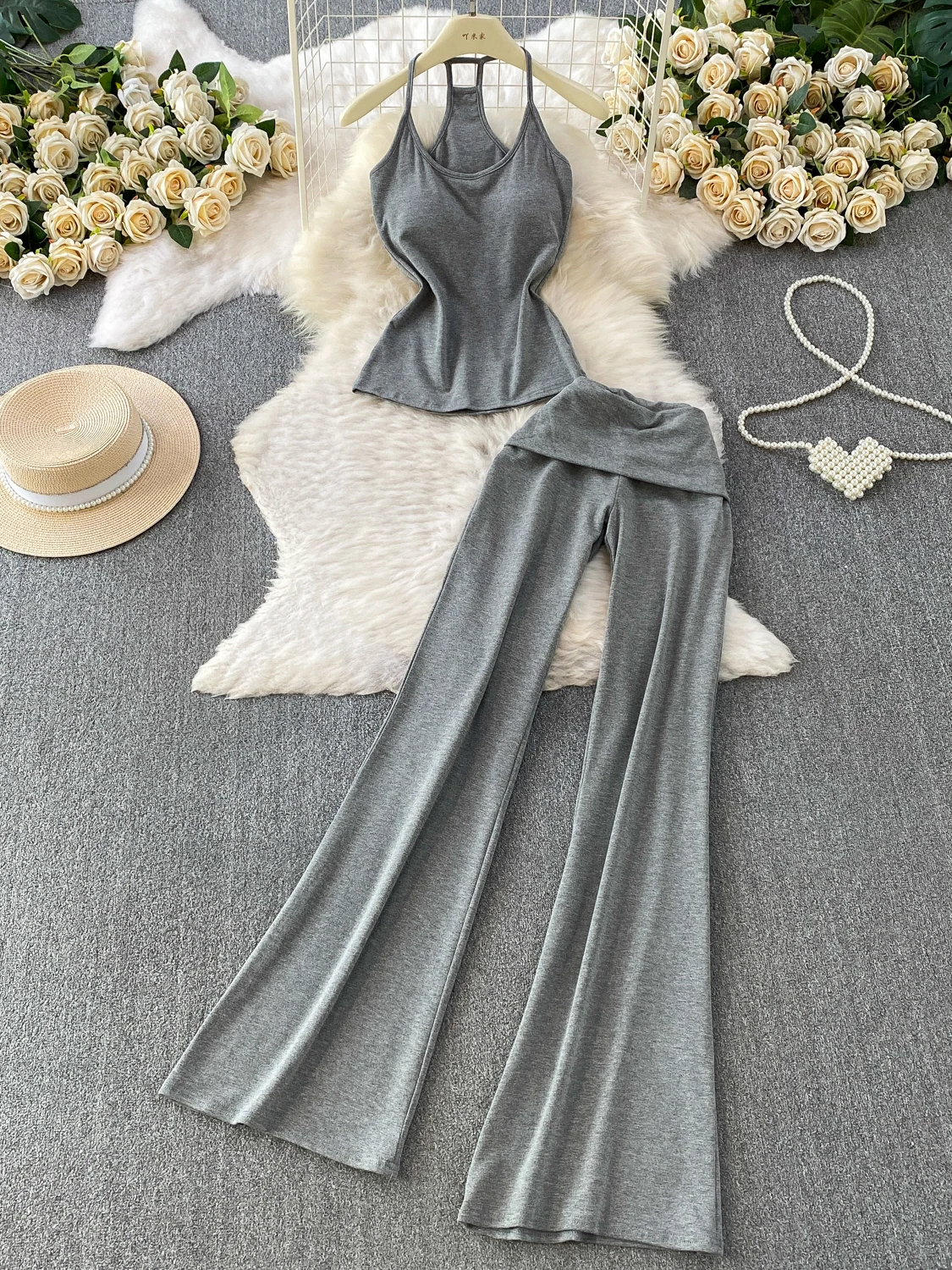 Sexy Hollow out Strapless Bra Top with Chest Pad Vest Design High Waist Bell Bottoms Two Piece Set for Young Women Summer Fas...