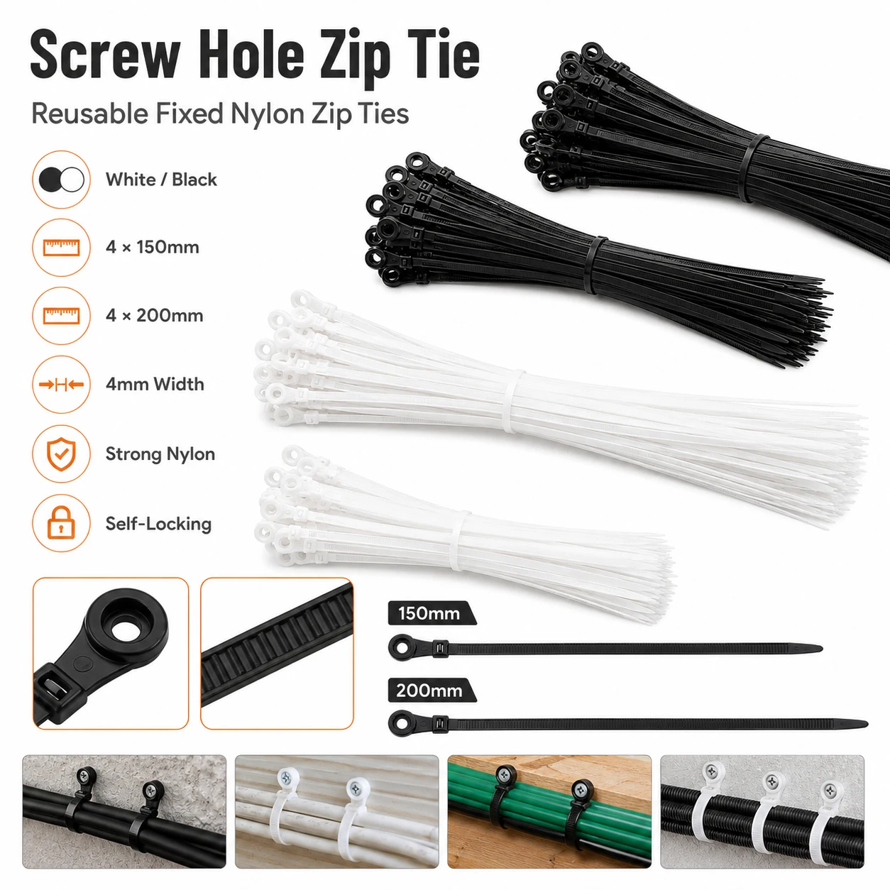 

100Pcs Reusable Nylon Zip Ties with Screw Hole Self-Locking Rope Ties for Office Storage & Organization with Fixing Rings