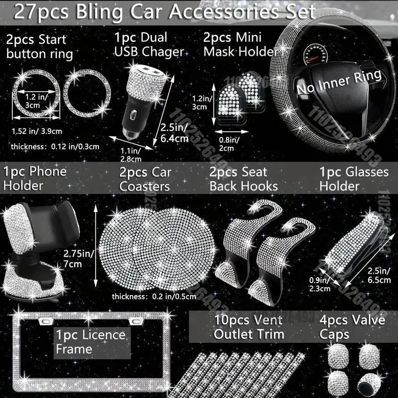 27-teiliges Auto-Innenraum-Zubehör-Set Imitiertes Diamant-Design Rutschfester Universeller Glitzernder Lenkradbezug Zubehör