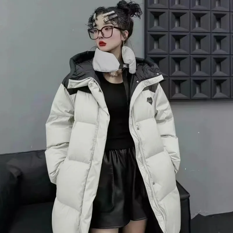 

Duck Down Jacket for Women Fall Winter 2025 New Long Sleeve Thicken Loose Puff Jackets Chic with A Hood Long Coats