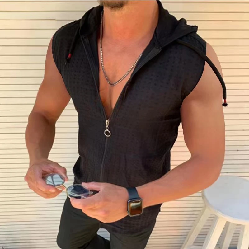 Short sleeved hooded zippered cardigan T-shirt for men\'s summer new fashionable plaid sleeveless t-shirt for men\'s lapel top