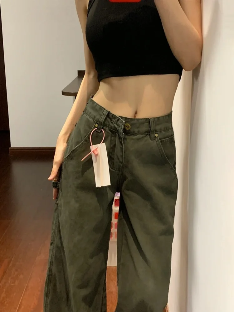 

plus Size High Waist Loose Fit Military Green Denim Jeans Women's Spring Autumn Straight Leg Wide Leg Workwear Trousers