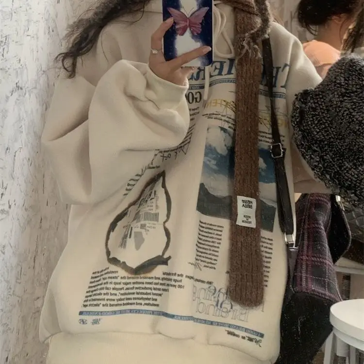 Korean New Fashion Retro Hooded Sweatshirt Heavy Poster Letter Loose Print Niche Jacket Wear Vintage Versatile Women Clothing