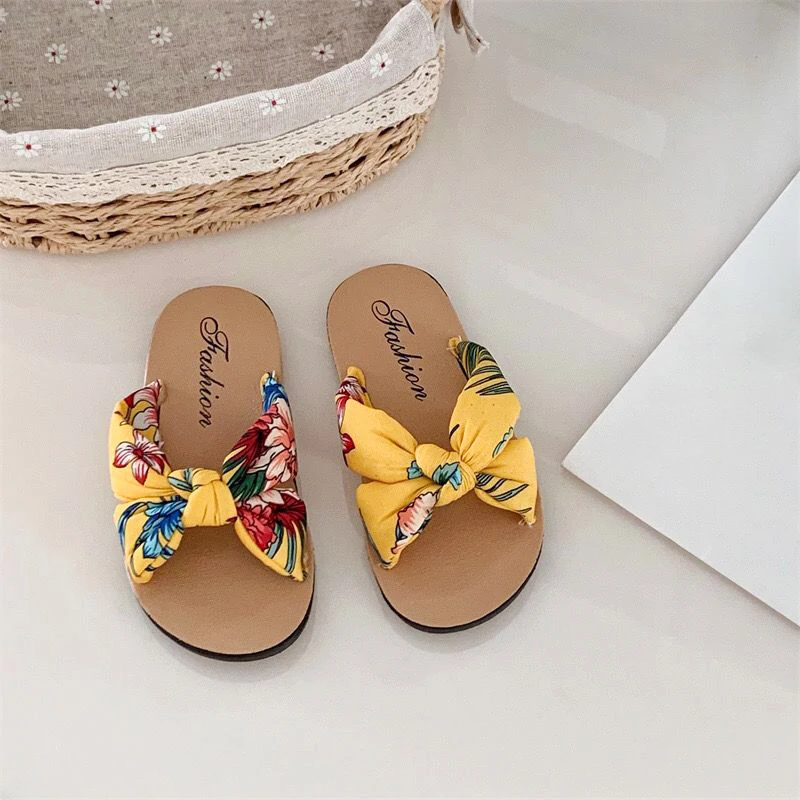 2-9Y Kids Girls Flat Heel Slippers Soft Sole Non-slip Bohemian Bow Dots Princess Slide Sandals Summer Beach Baby Slippers Shoes