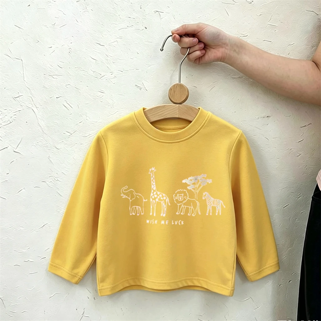 Yellow Red Beige Tshirt Infant Long-sleeved Tops Cartoon Animals Printed Tees Loose Casual Round Neck Base Shirt Thin Tees