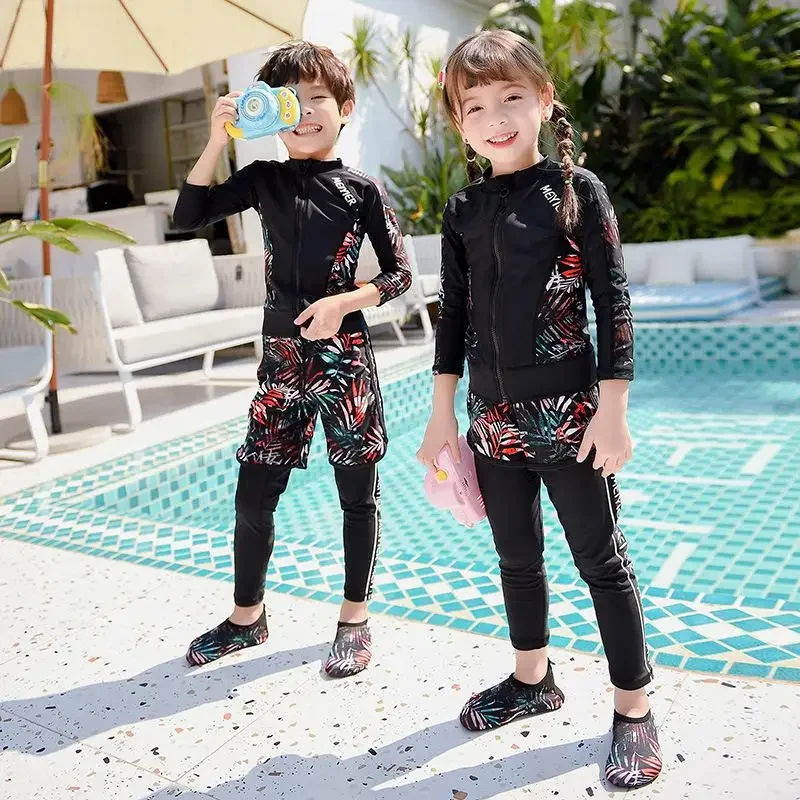 2024 Teenager Swimming Clothing Three Piece Sets Children\'s Swimsuit Boys Girls Summer New Long Sleeves Korean Swimwear Printed