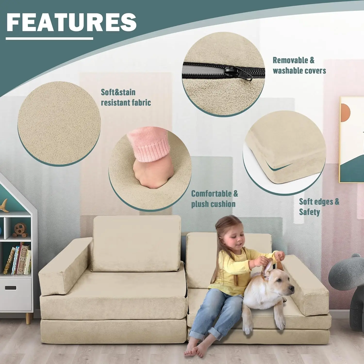 Sofa untuk anak-anak ukuran sedang, anak-anak Modular Sofa bermain, anak-anak Sofa bangunan Fort untuk ruang bermain, anak-anak bantalan busa Convertible untuk