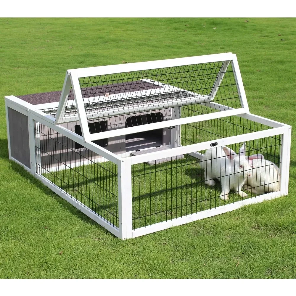 

House Habitat Wooden Small Animal Hutch Enclosure Indoor/Outdoor (49 * 36 * 14(L*W*H), Grey + White Trim)