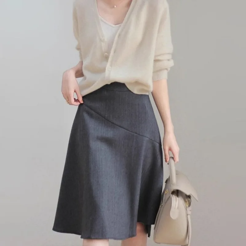 

Women Spring Summer Simplicity Office Lady Solid Color High Waist Appear Thin Skirt Ladies Fashion All-match Trend A-line Skirt