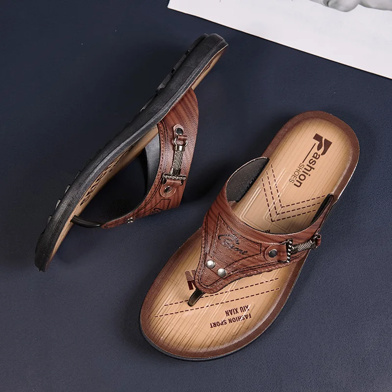 2024 New Handmade Leather Slippers Summer Fashion Men's Flip-Flops Outdoor Beach Slippers Breathable Comfortable Designer