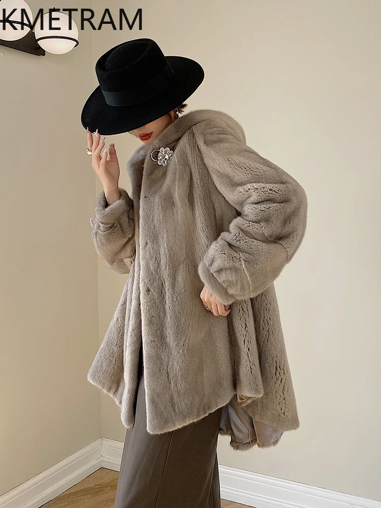 ナチュラルパープルラベルミンクファーコート レディース 高品質ミドル丈ファーコート フード付き 冬服 レディースジャケット 2025 ファー