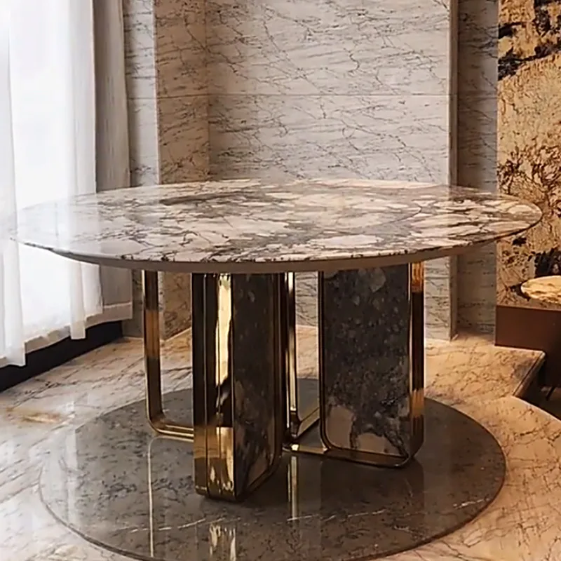 &Italian Cold River Snow Luxury Marble Dining Table High-End Restaurant Furniture Large Flat-Style Light-Luxury Turntable