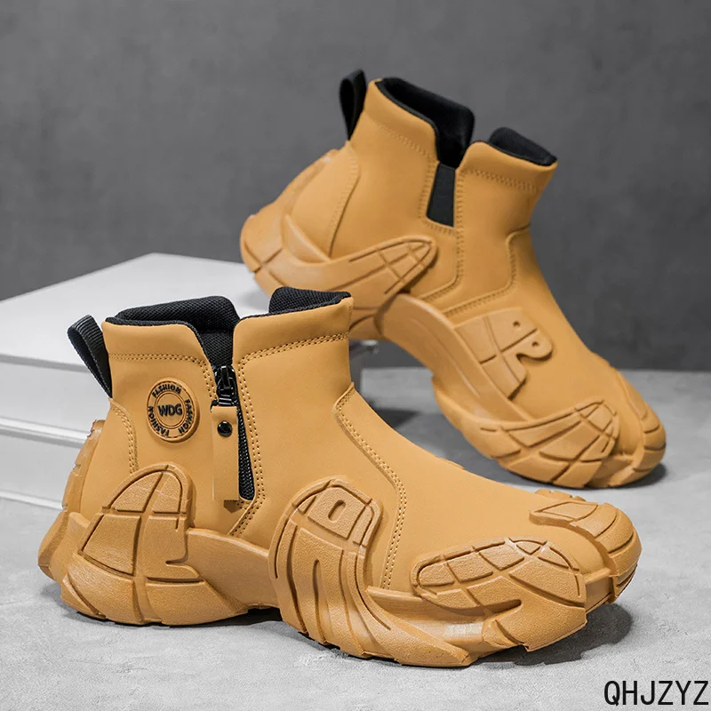 New Men's High-Top Shoes for Autumn - Anti-Slip Waterproof Side-Zipper Work Shoes for Construction Site Leather Shoes