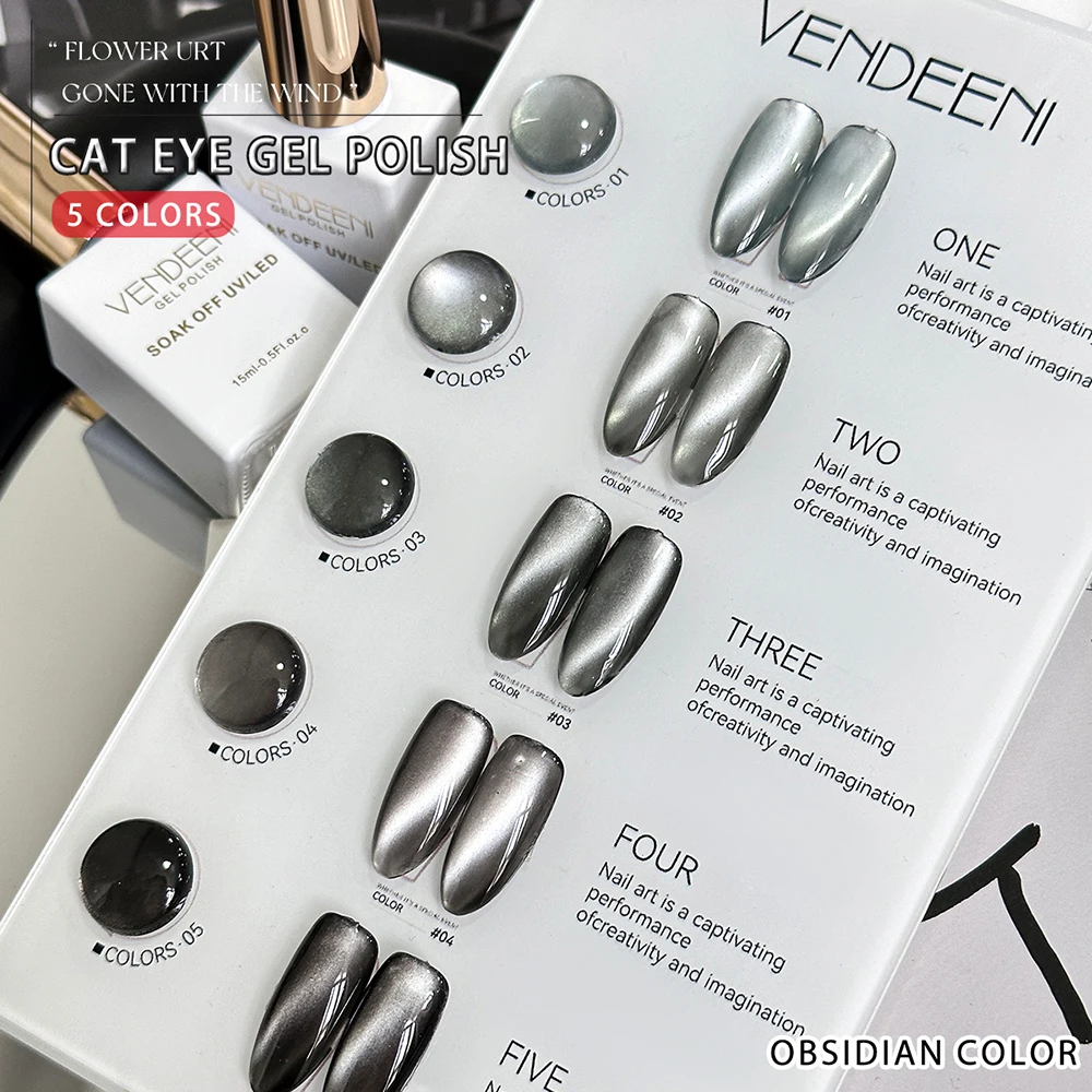 Vendeeni 5 Farben/Set Schwarzer Kristall-Katzenaugen-Gel-Nagellack Magnetischer UV-Soak-Off-Gel-Lack Obsidian-Katzenaugen-Gel mit Display – Detail 12