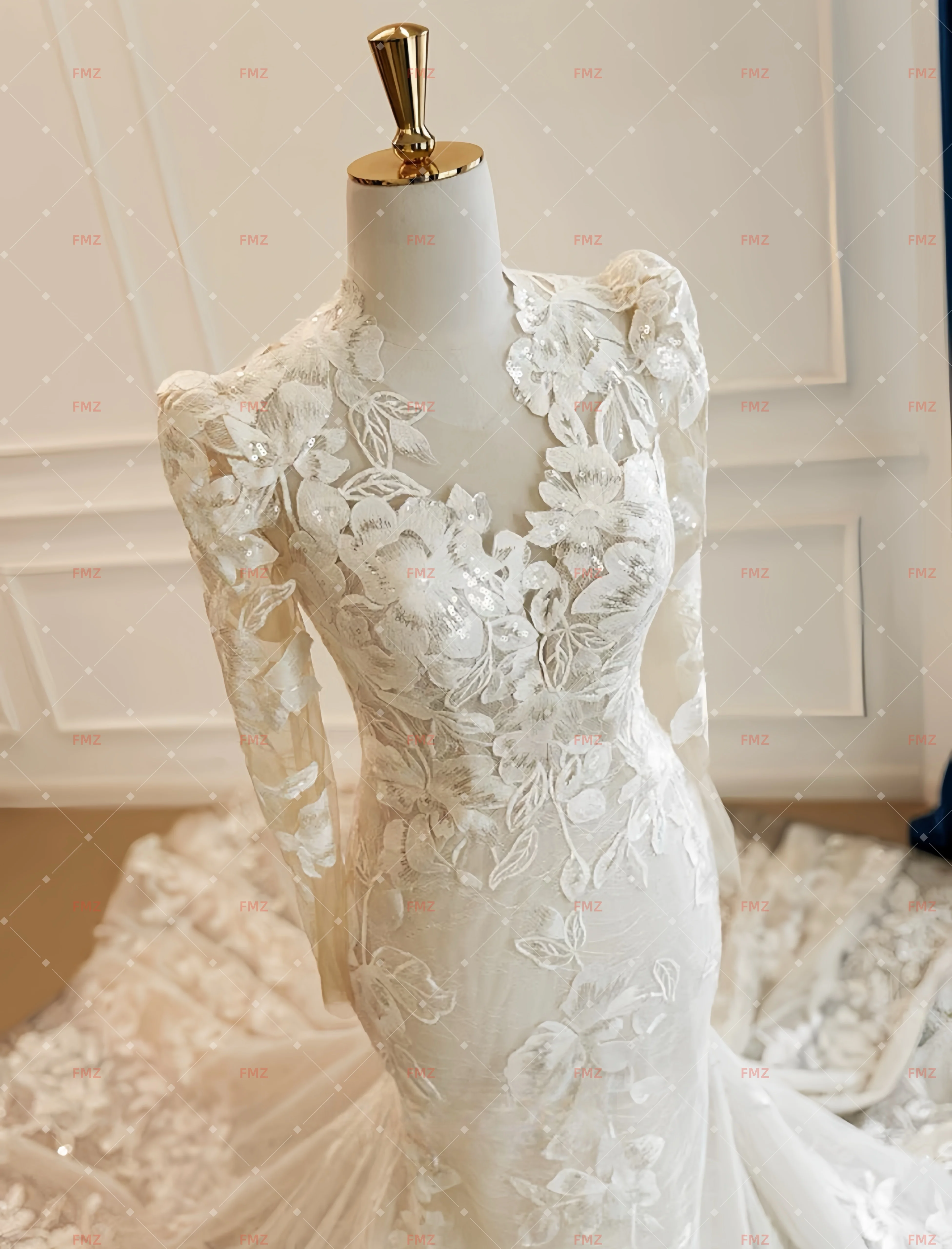 Customziedv-neck manga longa sereia renda sexy vestido de casamento vestidos de novia amanda novias amanda novias oficial