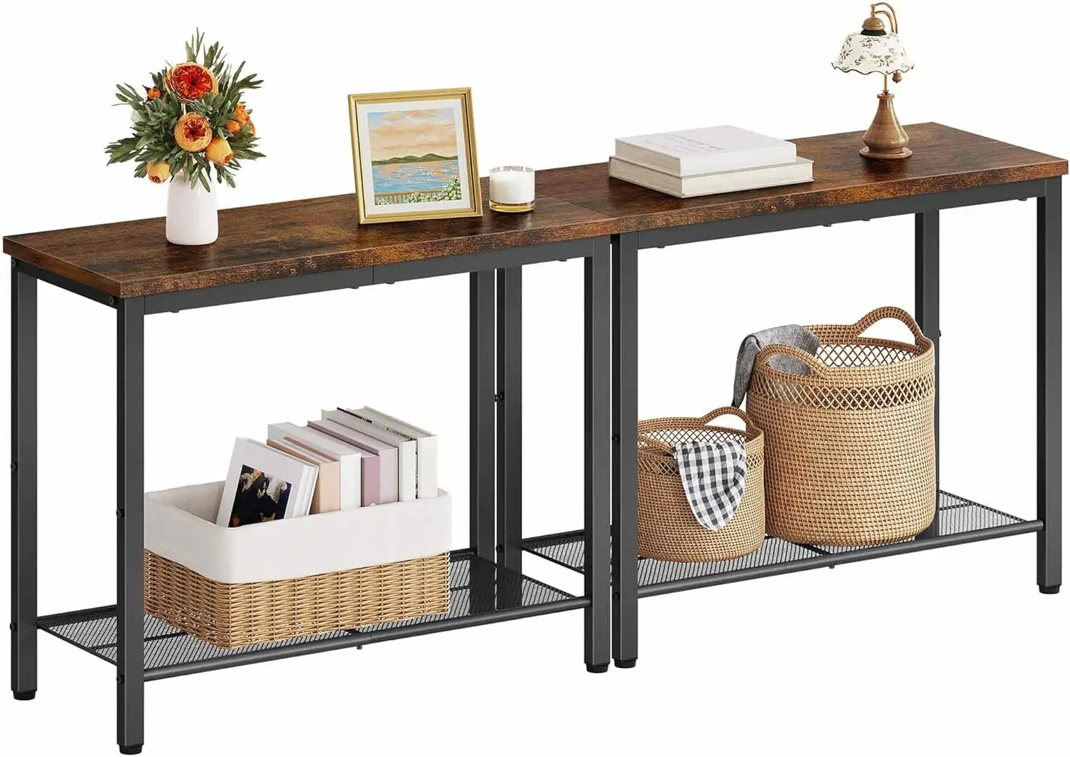 

2 Tier End Table, Sofa Side Table, Narrow Side Table with Storage, Slim Nightstand for Small Spaces, Metal Frame, for Living