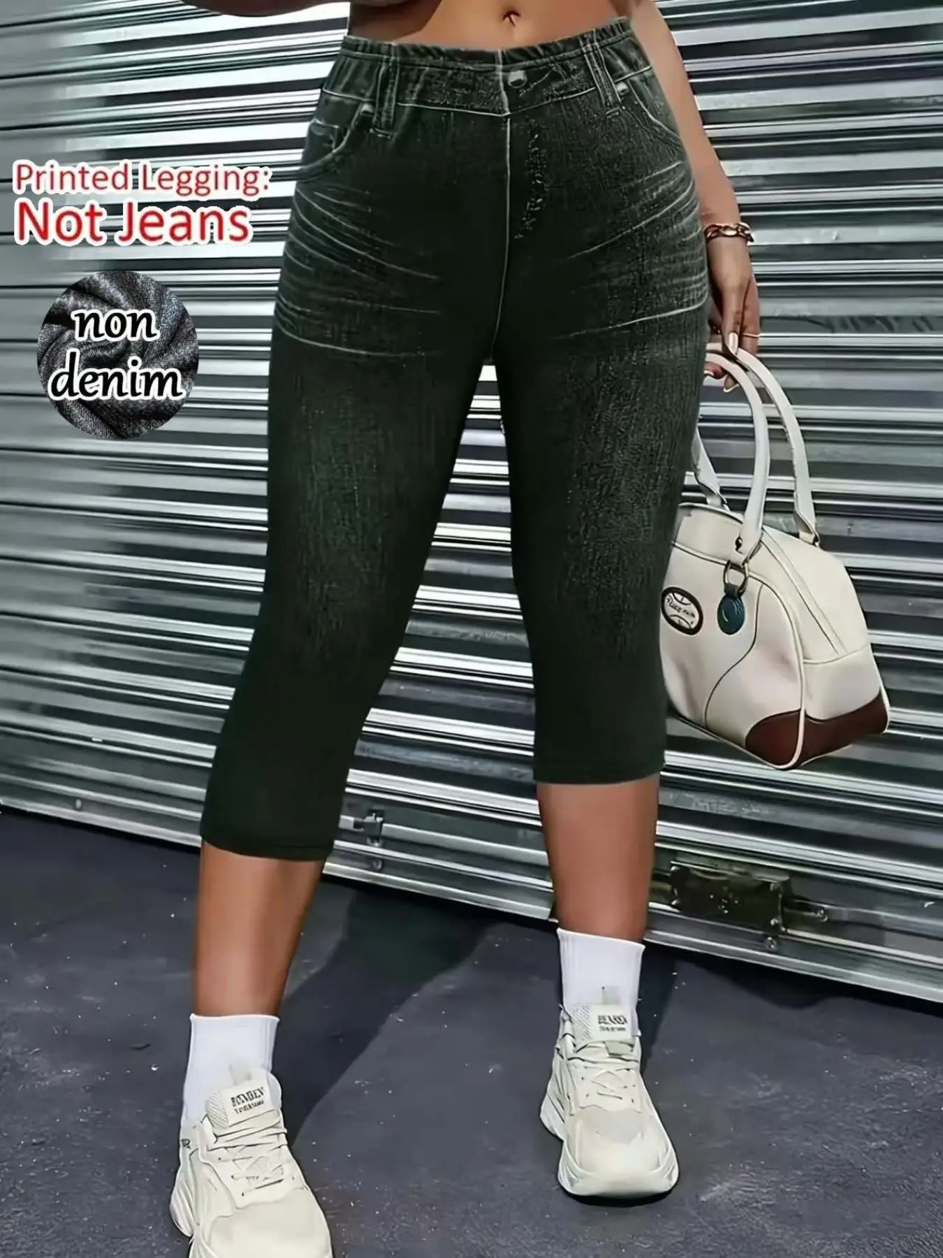 Women's Non-Denim Faux Denim Print 7/8 Length Leggings, Casual Skinny Outdoor Sports Yoga Pants, Soft Skin-Friendly Beach Pants
