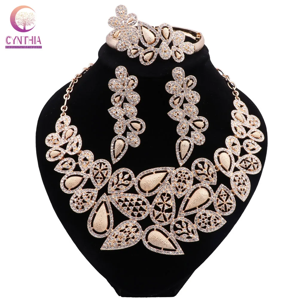 CYNTHIA Gold color Jewelry Sets for Women Necklace Earrings Bracelet Ring Set Women African Beads Indian Bridal Jewelry Sets