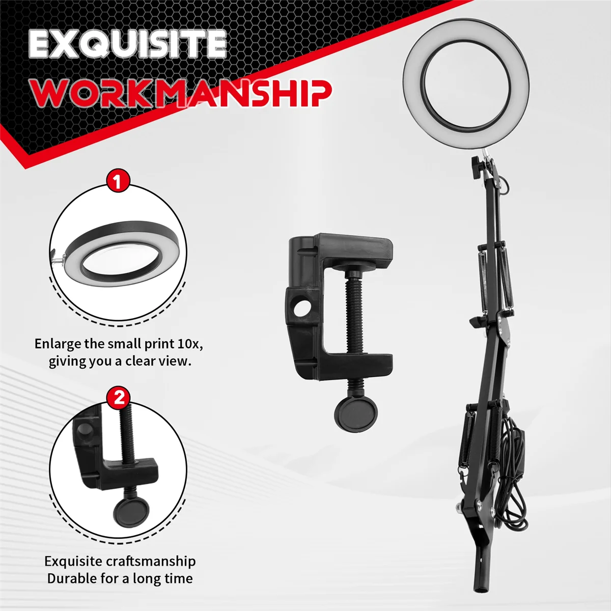 عدسة مكبرة A06K 10X مع ضوء ومشبك 3 أوضاع ألوان 10 سطوع قابل للتعديل مصباح مكتبي مكبر لقراءة الحرف اليدوية