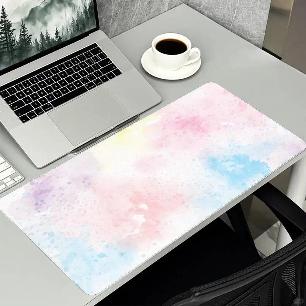 Extra Large Deskmat Pastel Watercolor Print Stitched Border Anti‑Slip Rubber Base Smooth Mat For Gaming Home Office Workspace