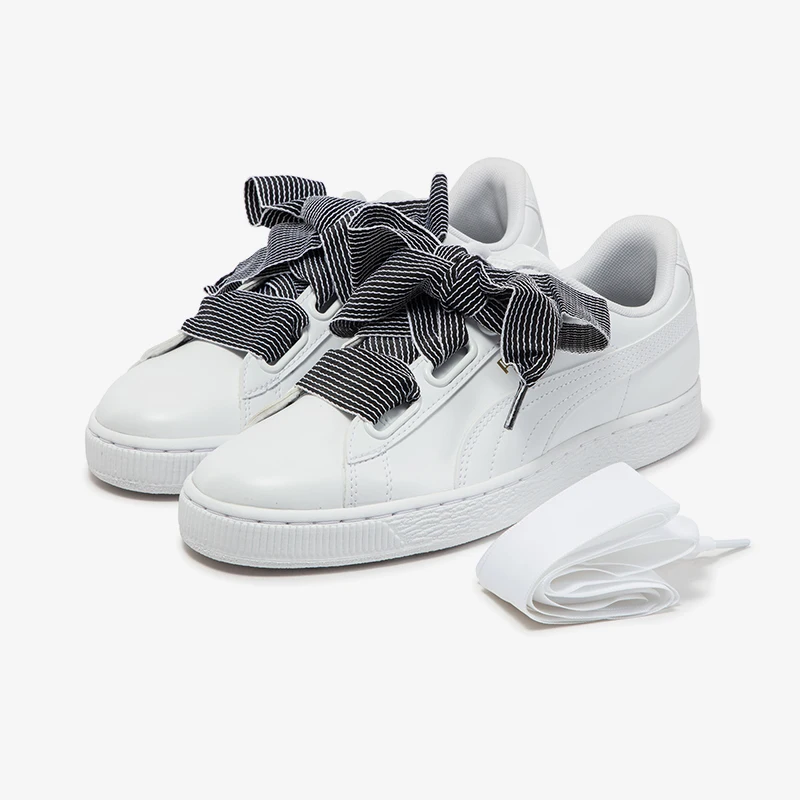Puma Authentic Basket Heart Black White Stripe Bow Women's Casual Sneakers 365198-03