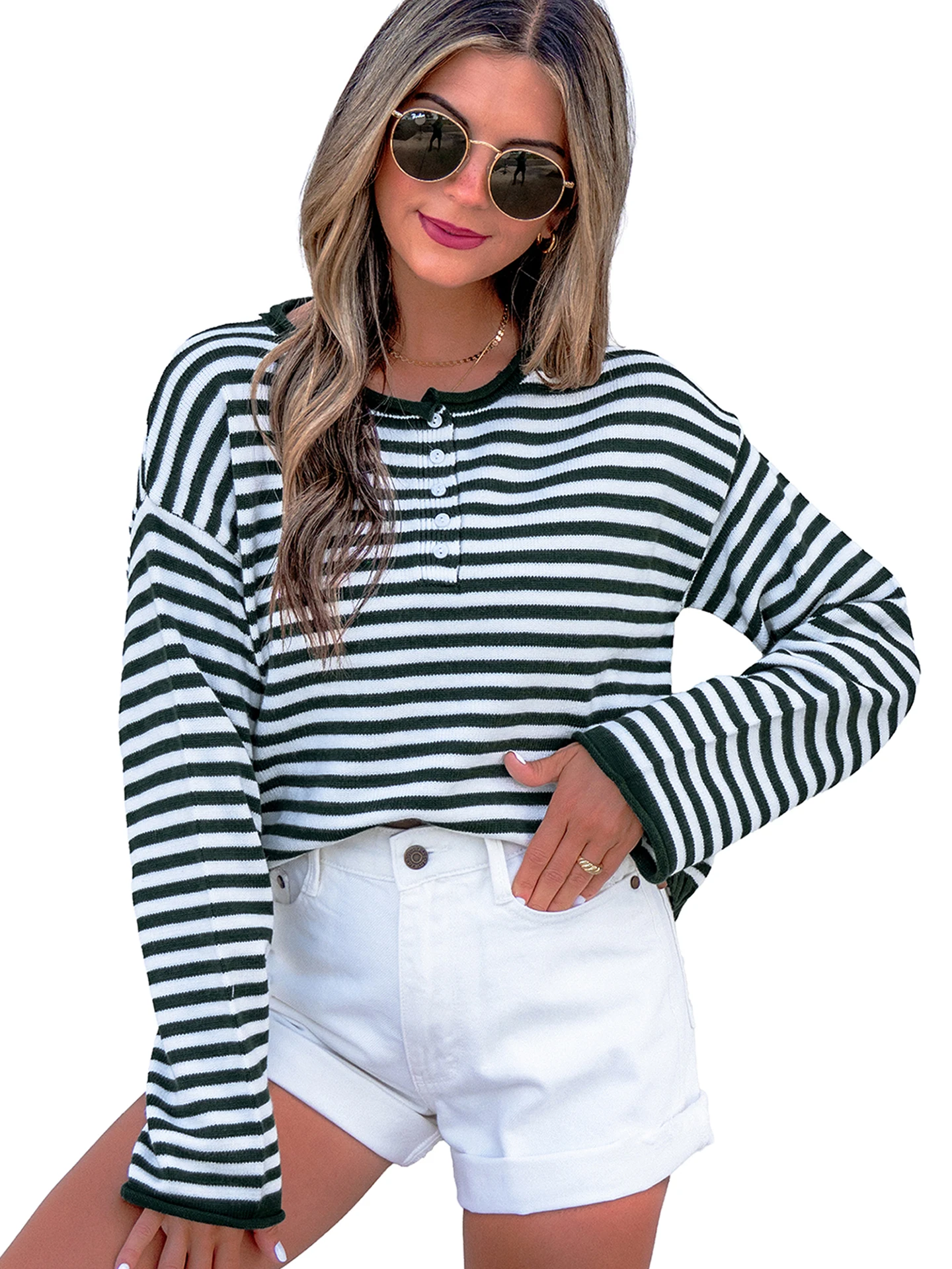 DearLover Casual Stripe Knitted Sweater Women's Autumn Winter New Style round Neck Overhead Top Loose Fit Comfortable Knitwear