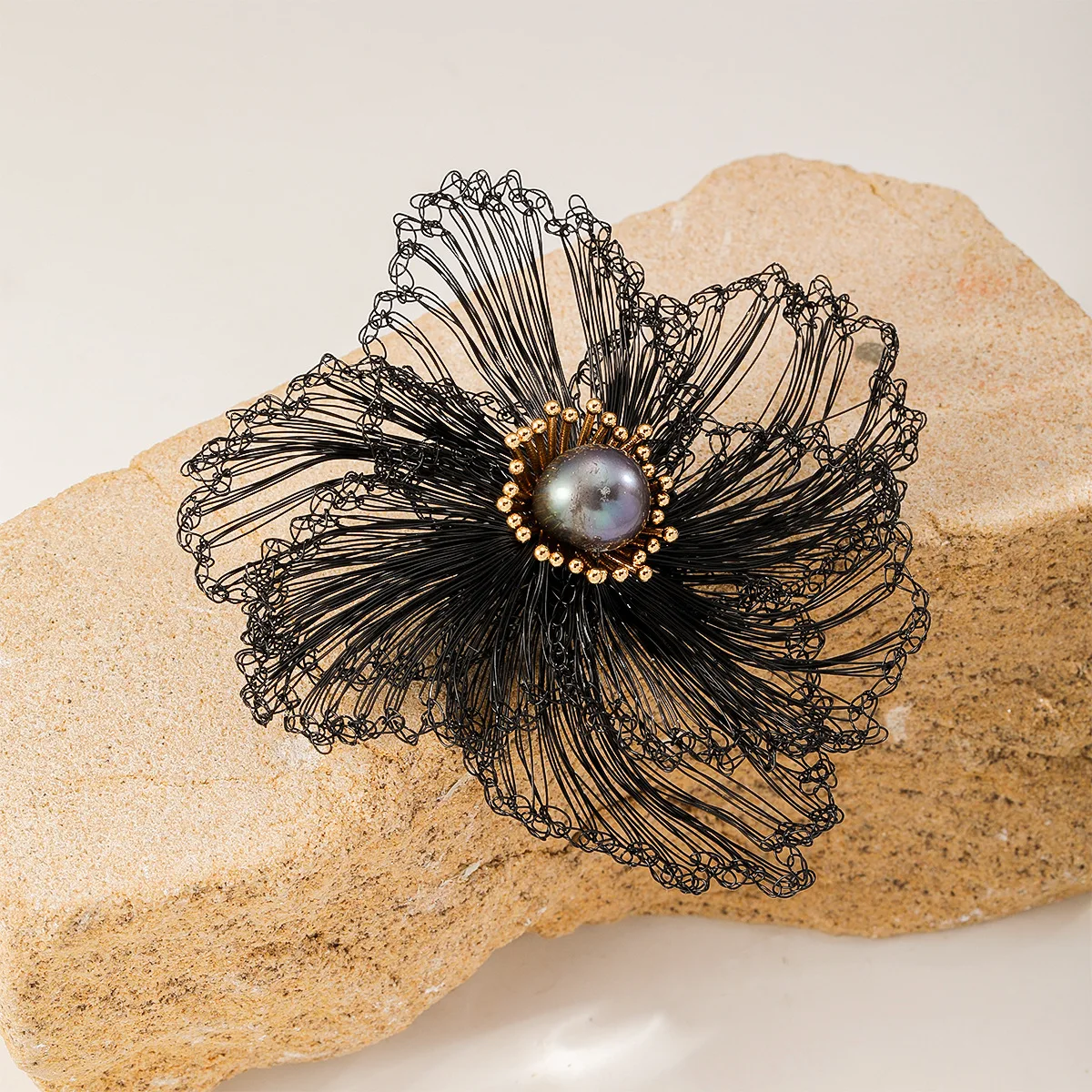 

Gothic Crochet Flower Brooch Copper Wire with Freshwater Pearl Dark Elegant Women's Pin