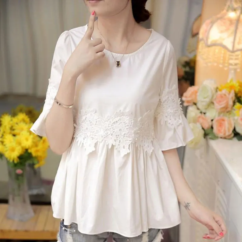 Women\'s Clothing Lace Patchwork Blouse Casual Round Neck 2023 Summer Flare Sleeve Korean Sweet Waist Solid Color All-match Shirt