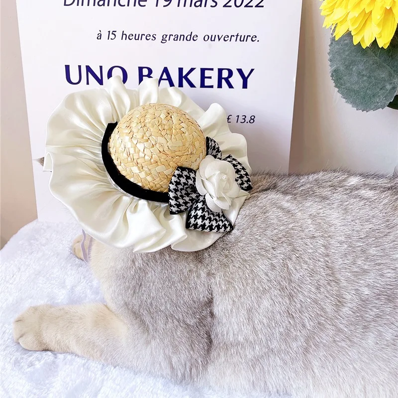 Sombrero de paja de Camelia para mascotas, accesorios de moda para perros y gatos, sombreros encantadores