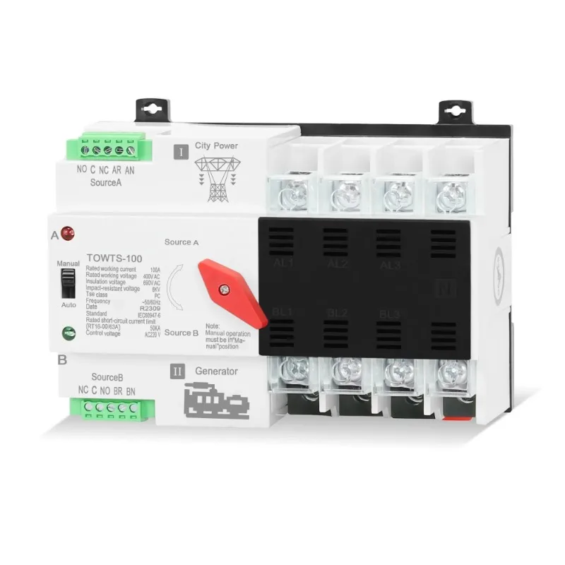 4P Mini ATS Dual Power Automatic Transfer Switch, 16A/40A/63A/100A 220V Electrical Selector Circuit Breakers TOWTS-100