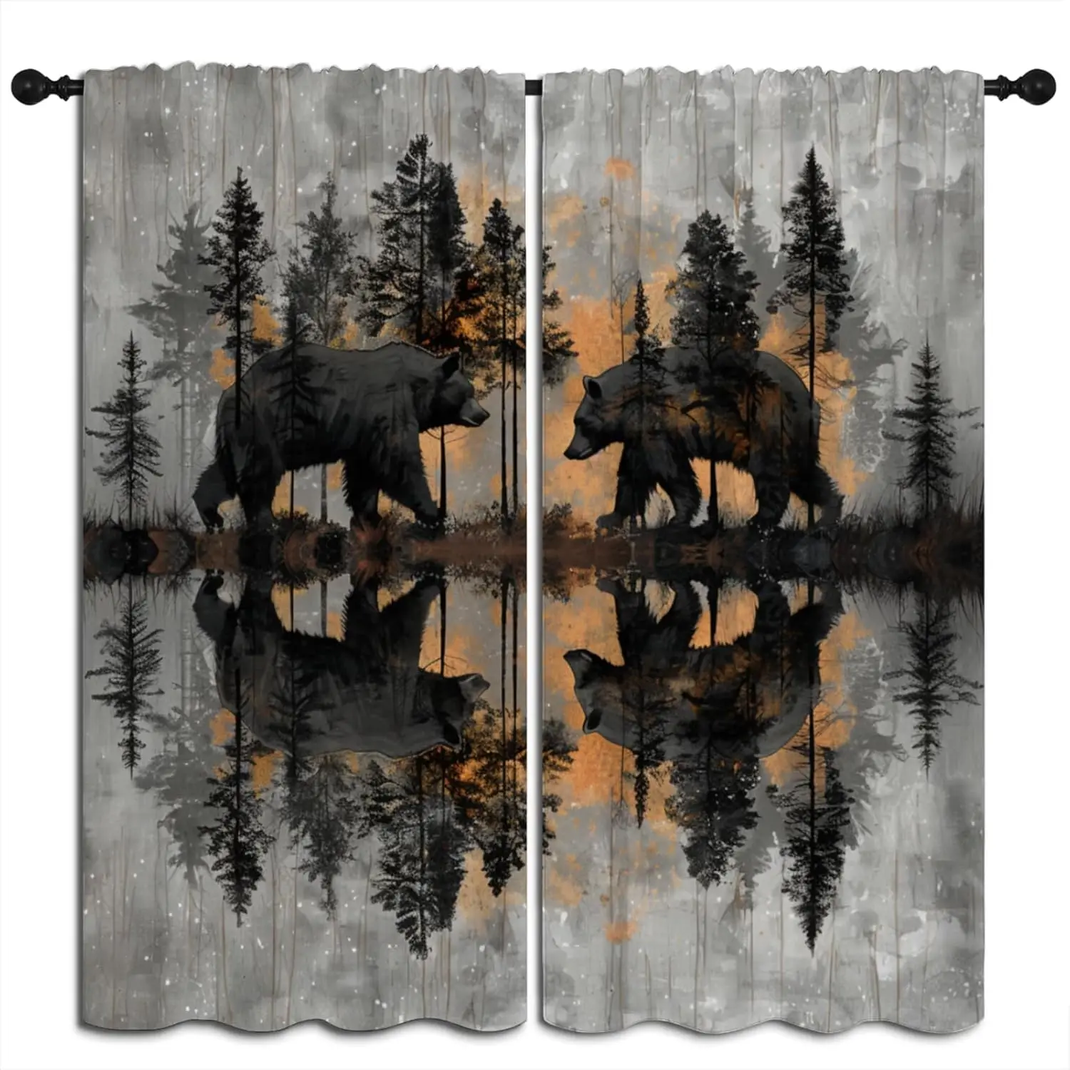 Black Bear Blackout Curtains for Boys Girl Bedroom Home Decor, Wild Animal Forest Reflection Vintage Abstract Art Thermal Insula
