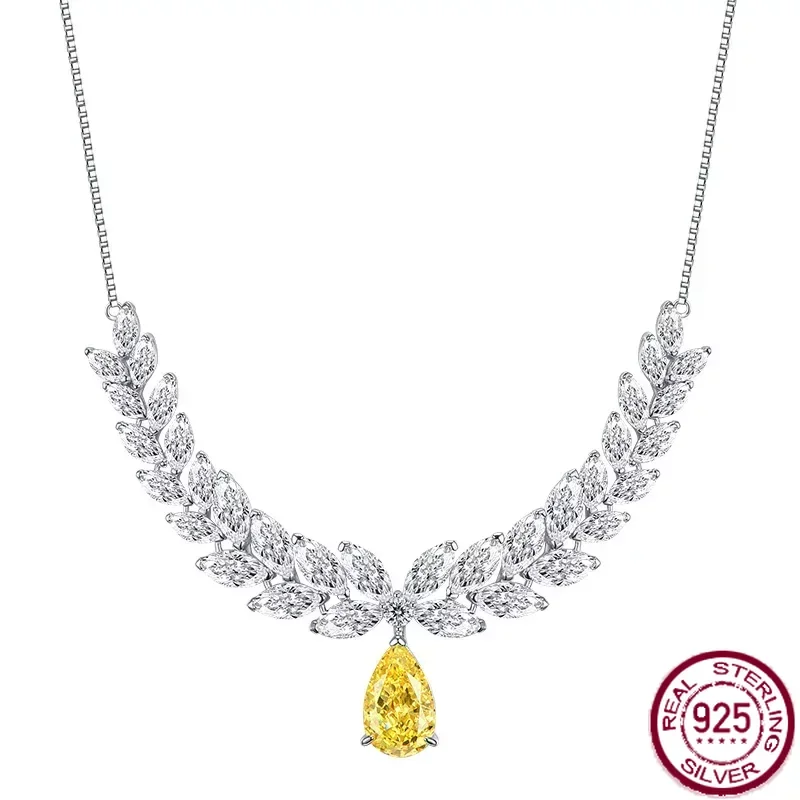 

Heavy Industry Luxury 12 Carat Yellow Diamond Necklace Pendant 925 Silver Collar Chain High End Dinner Style Engagement Jewelry