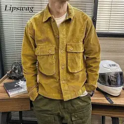 Vintage Pockets Corduroy Cargo Jackets For Men Spring Autumn Long Sleeve Button Lapel Casual Outerwear Mens Fashion Jacket Coats