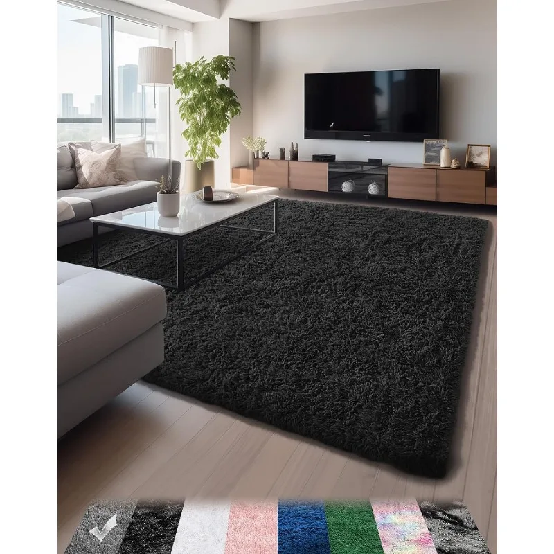 Upgrade 5x8 Rugs for Living Room,Black Fluffy Carpet Large Fuzzy Plush Shag Comfy Soft, Non-Slip Indoor Floor Carpet,for Kids